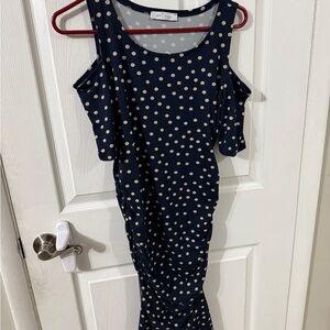Navy Polka Dot Cold Shoulder Midi Dress